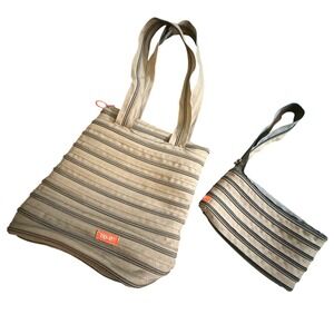 Zip-It Tan Zipper Tote Bag and Matching Wristlet Pouch Set Continuous Zip Design